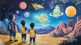 孩童仰望梦幻宇宙奇景
