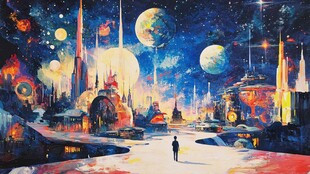梦幻星际城市中的孤独旅人