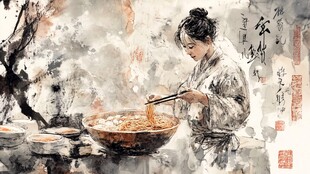 古风女子专注烹煮美食