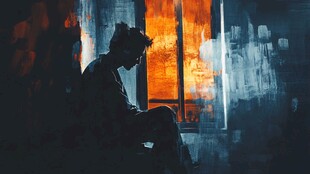 孤独身影凝视窗外暮色