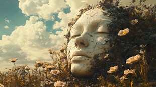 沉睡石面与烂漫花丛