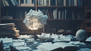 凌乱书桌上的创意纸艺台灯