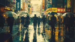 雨夜都市街头行人身影