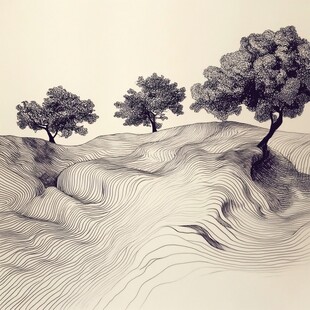 线条勾勒的山丘树木图景