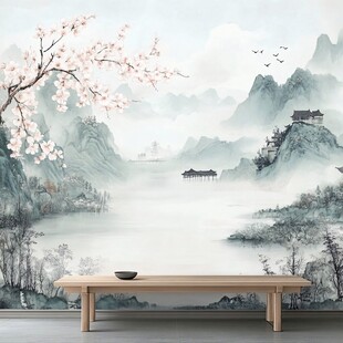 中式山水桃花意境壁画