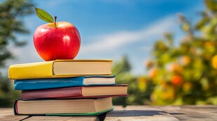 书本上的红苹果与自然背景