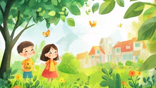 儿童漫步于春日美丽田园