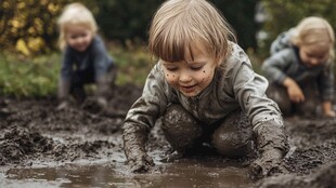 孩子欢乐玩泥巴的美好瞬间
