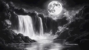 月夜瀑布下的静谧自然景观