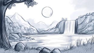 水墨风山水瀑布静谧景致