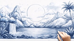 手绘山水风景优美画面