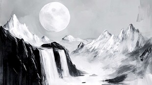 月夜雪山瀑布壮丽景观