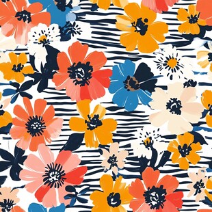 条纹背景多彩花卉图案