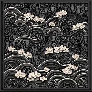 中式海浪花朵立体装饰图案