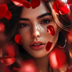玫瑰花瓣环绕的美丽女性