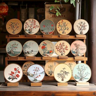 中式手绘花卉圆盘艺术摆件