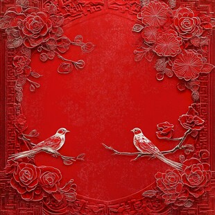 中式红底花鸟精致装饰图