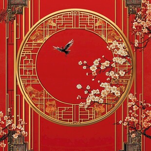 中式红底花鸟吉祥装饰图