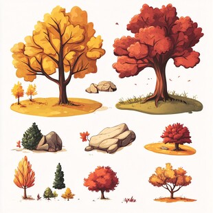 秋日树木岩石插画素材集