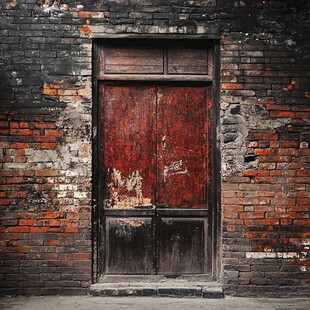 老旧红木门 斑驳砖墙韵味