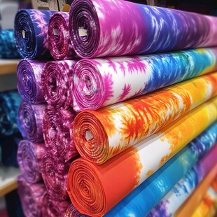 多彩扎染布料卷整齐堆叠