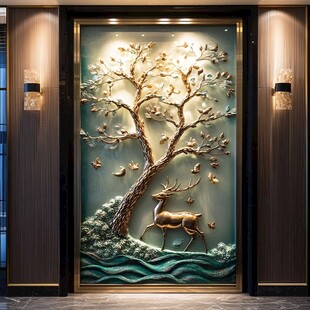 中式浮雕玄关 鹿与繁花之景