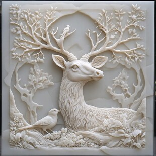 鹿与鸟的唯美浮雕艺术
