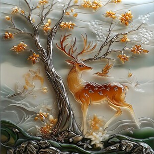 鹿栖繁花树旁艺术浮雕