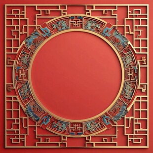 中式红底雕花圆形装饰框