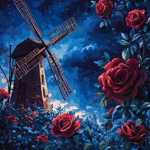 夜下风车与盛放的红玫瑰