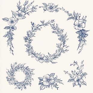 手绘蓝调花卉花环装饰图案
