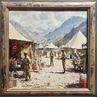 战地军营场景油画