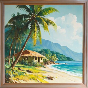 热带海滨小屋风景油画