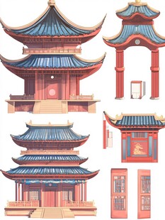中式古建筑元素插画集合