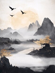 水墨山水间飞鸟伴夕阳