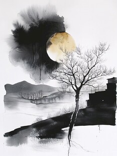 水墨月夜下的孤树与屋舍