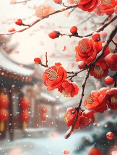 雪中红梅映古景