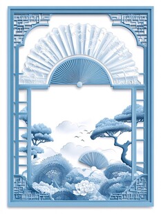 中式蓝白镂空扇景装饰画