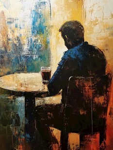 独酌的男子油画场景