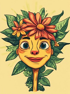 花朵绿植环绕的欢乐人脸