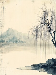 水墨湖畔垂柳图