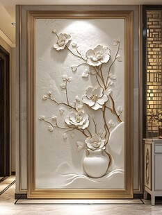 中式浮雕花卉玄关装饰画