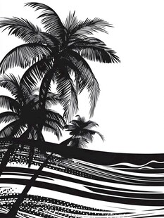 黑白风椰树海浪美景图