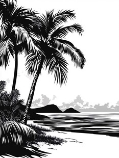 黑白椰林海滩风光