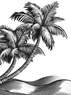 两棵椰树与波浪的黑白画