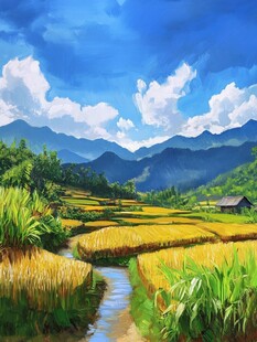 山间金黄稻田与清澈小溪