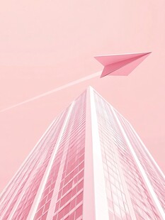 粉色纸飞机飞越摩天大楼