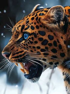 雪地中咆哮的蓝眼花豹