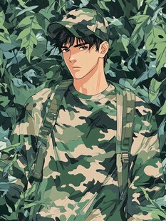 迷彩少年置身葱郁丛林中