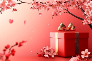 红礼盒与烂漫樱花的邂逅